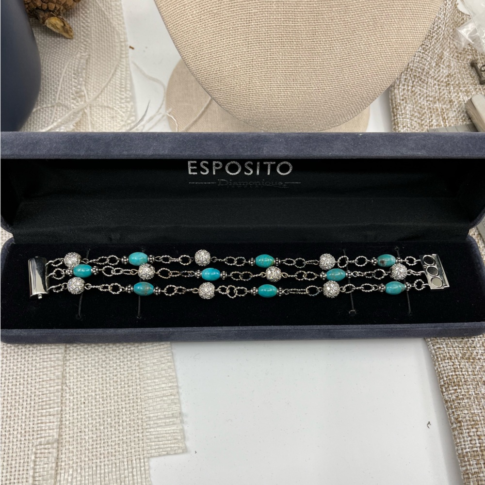 Vintage Joseph Esposito Sterling Silver Turquoise & CZ Bead Bracelet - Picture 8 of 16